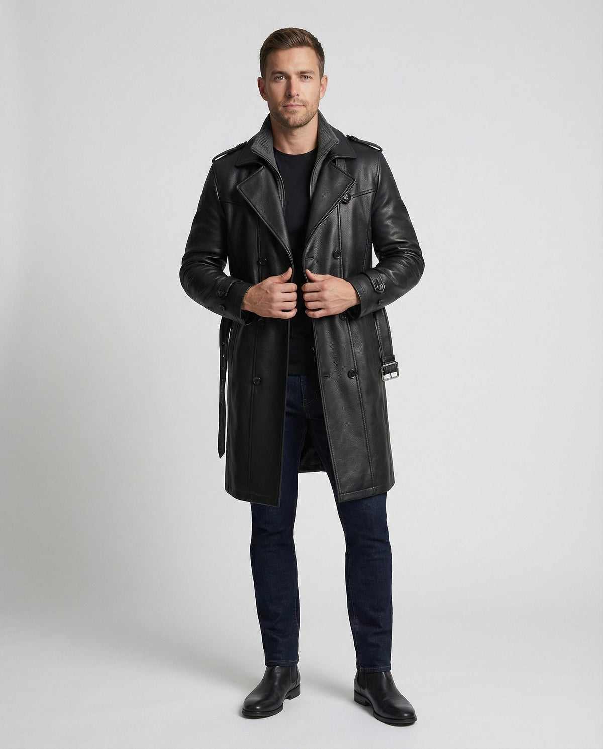 Men's Double-Breasted Trench Coat with Notched Lapel