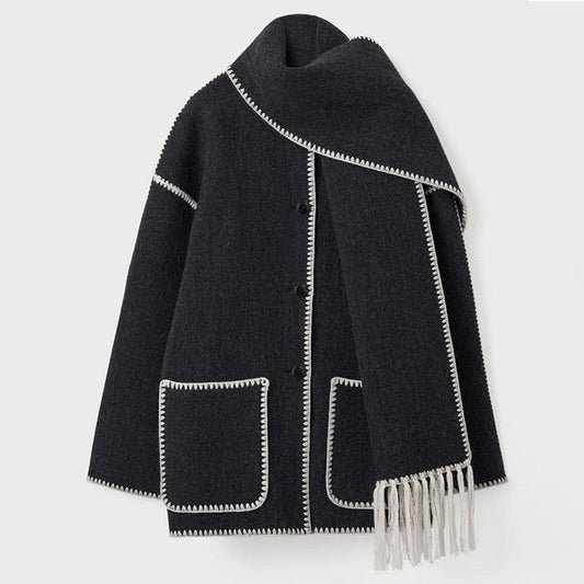 Women's Wrap Coat with Scarf Detail and Fringe Trim