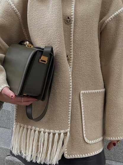 Women's Wrap Coat with Scarf Detail and Fringe Trim