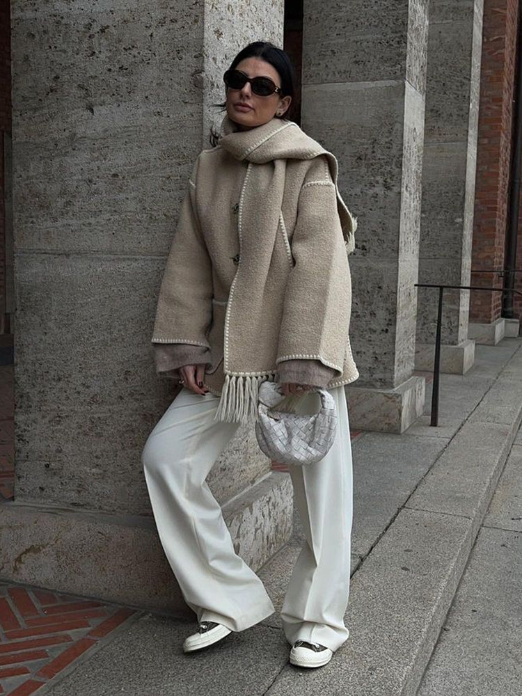 Women's Wrap Coat with Scarf Detail and Fringe Trim
