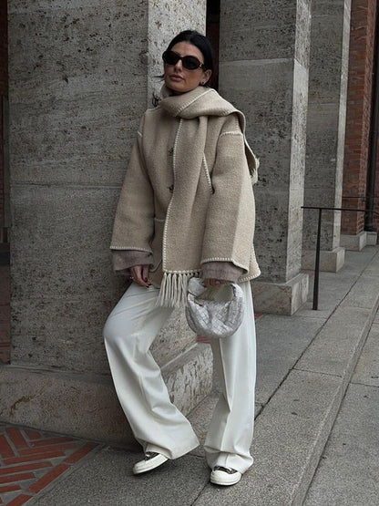 Women's Wrap Coat with Scarf Detail and Fringe Trim
