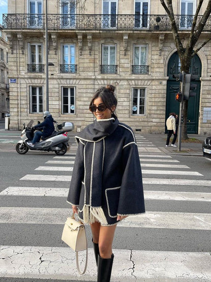 Women's Wrap Coat with Scarf Detail and Fringe Trim