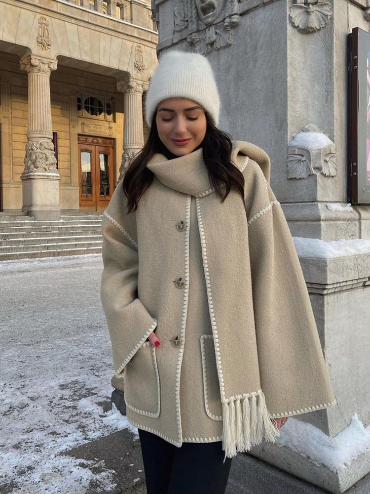Women's Wrap Coat with Scarf Detail and Fringe Trim