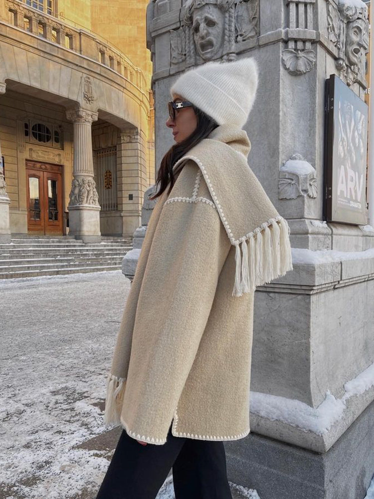 Women's Wrap Coat with Scarf Detail and Fringe Trim
