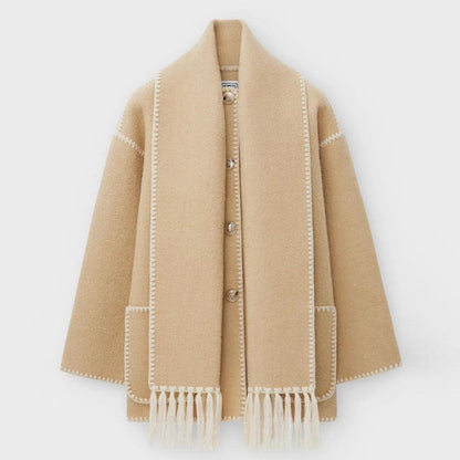 Women's Wrap Coat with Scarf Detail and Fringe Trim