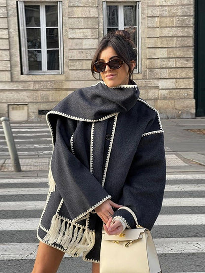Women's Wrap Coat with Scarf Detail and Fringe Trim