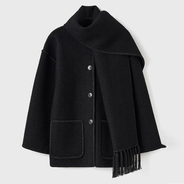 Women's Wrap Coat with Scarf Detail and Fringe Trim