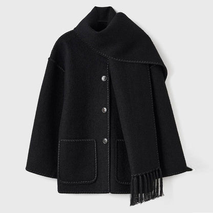 Women's Wrap Coat with Scarf Detail and Fringe Trim