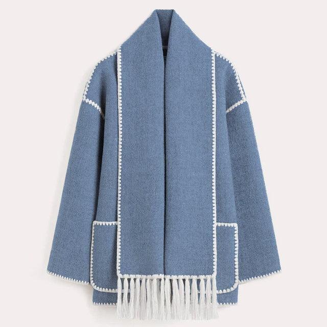 Women's Wrap Coat with Scarf Detail and Fringe Trim