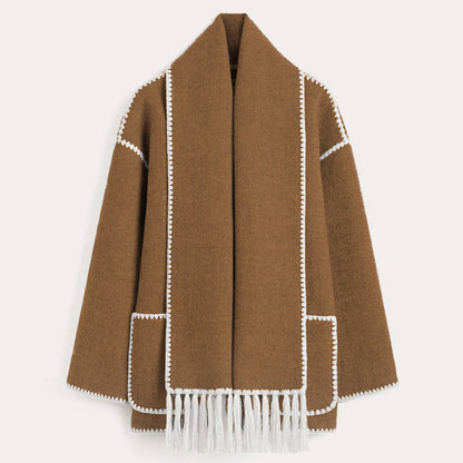 Women's Wrap Coat with Scarf Detail and Fringe Trim