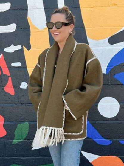 Women's Wrap Coat with Scarf Detail and Fringe Trim