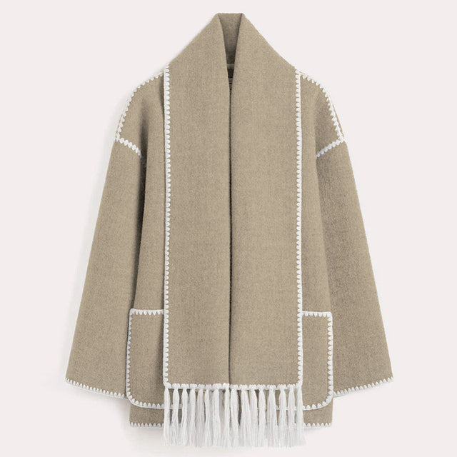 Women's Wrap Coat with Scarf Detail and Fringe Trim