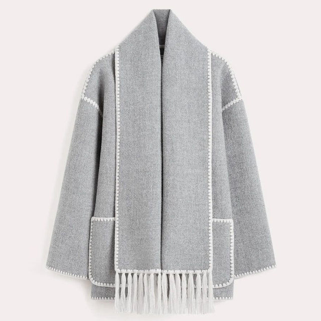 Women's Wrap Coat with Scarf Detail and Fringe Trim