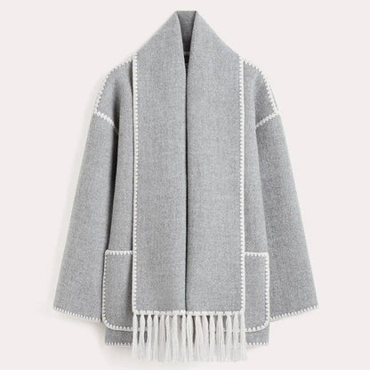 Women's Wrap Coat with Scarf Detail and Fringe Trim