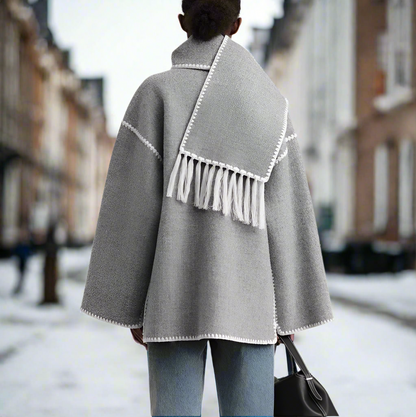 Women's Shawl Collar Coat with Button Front and Fringe Trim