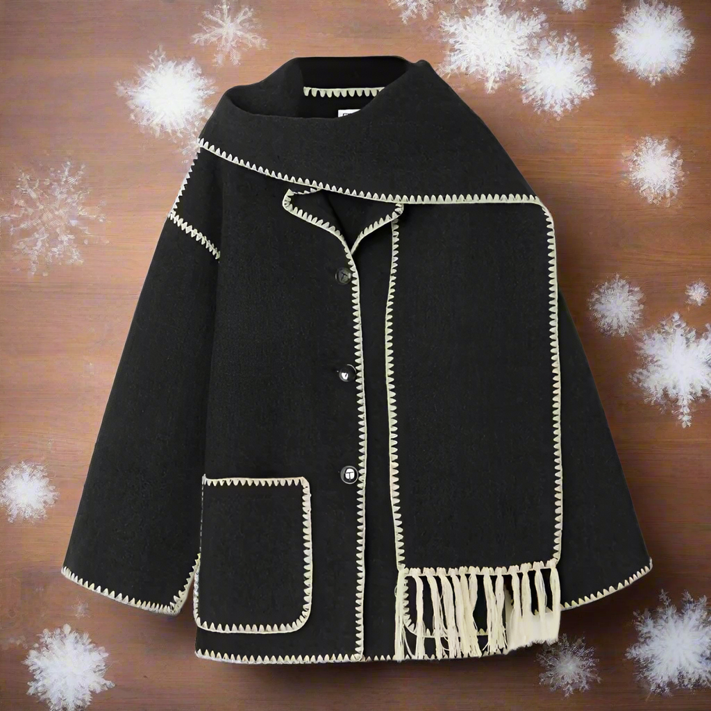 Women's Shawl Collar Coat with Button Front and Fringe Trim