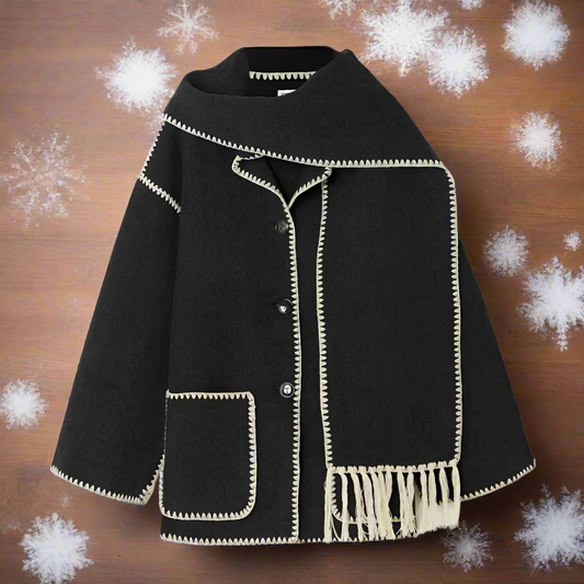 Women's Shawl Collar Coat with Button Front and Fringe Trim