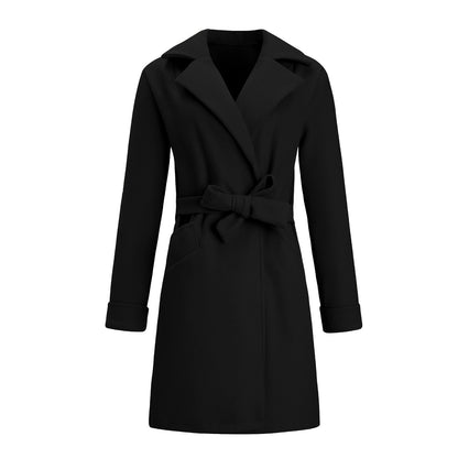 Women's Wrap Coat with Notched Collar and Tie Waist