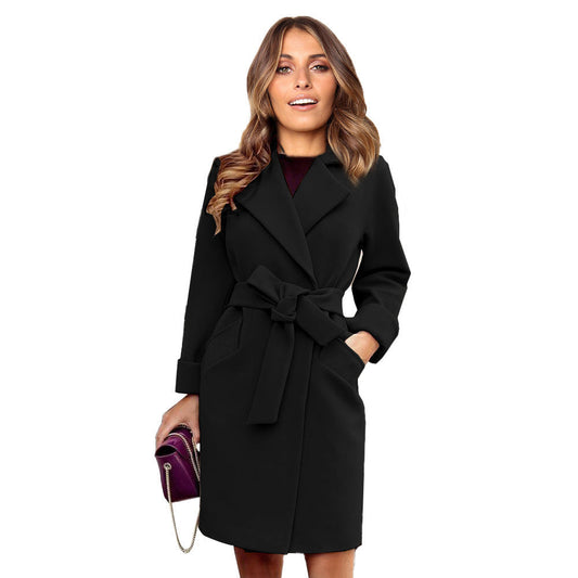 Women's Wrap Coat with Notched Collar and Tie Waist