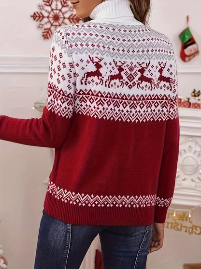 Women's Fair Isle Reindeer Knit Sweater with Ribbed Cuffs