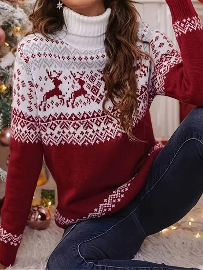 Women's Fair Isle Reindeer Knit Sweater with Ribbed Cuffs