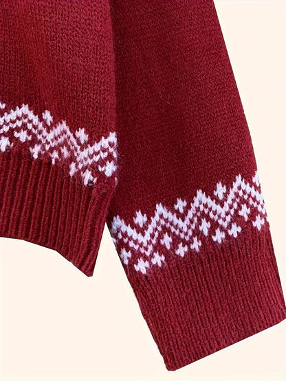 Women's Fair Isle Reindeer Knit Sweater with Ribbed Cuffs