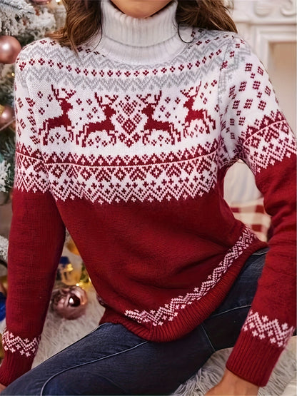 Women's Fair Isle Reindeer Knit Sweater with Ribbed Cuffs