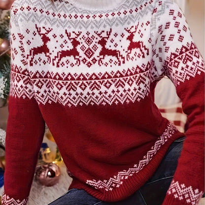 Women's Fair Isle Reindeer Knit Sweater with Ribbed Cuffs
