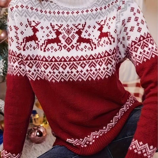Women's Fair Isle Reindeer Knit Sweater with Ribbed Cuffs
