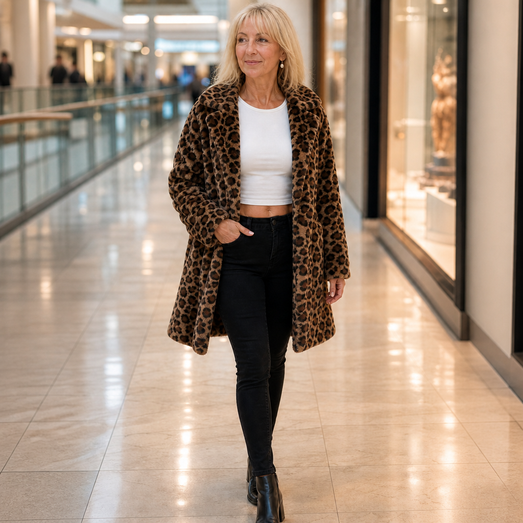Women's Luxurious Leopard Print Faux Fur Longline Winter Coat