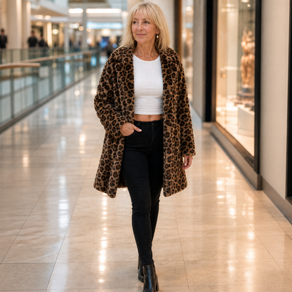 Women's Luxurious Leopard Print Faux Fur Longline Winter Coat