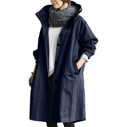 Women's Hooded Raincoat with Button Front and Adjustable Waist