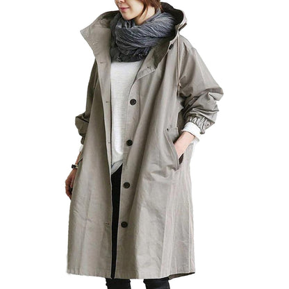 Women's Hooded Raincoat with Button Front and Adjustable Waist