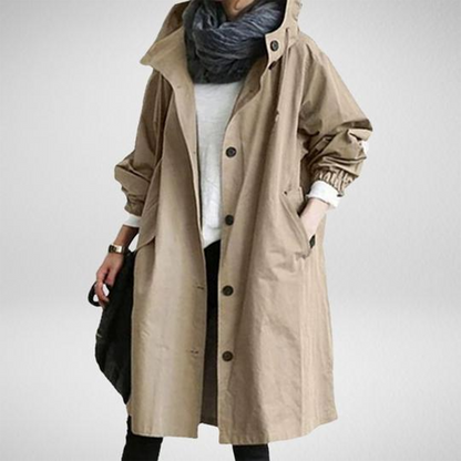 Women's Hooded Raincoat with Button Front and Adjustable Waist