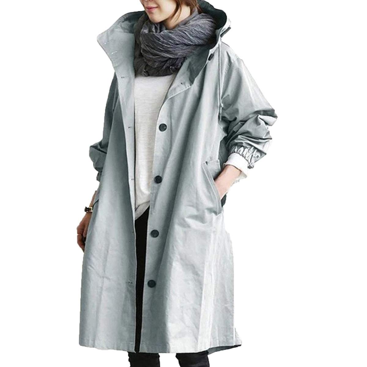 Women's Hooded Raincoat with Button Front and Adjustable Waist