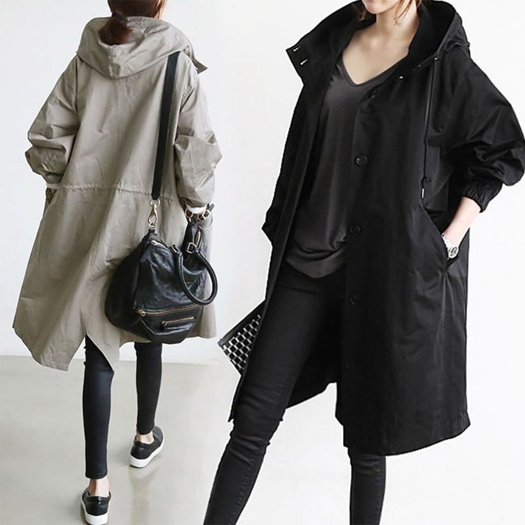Women's Hooded Raincoat with Button Front and Adjustable Waist