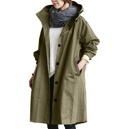 Women's Hooded Raincoat with Button Front and Adjustable Waist