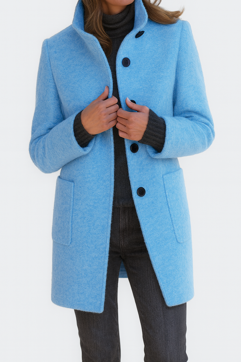 Women's Stand Collar Mid-Length Coat with Front Pockets