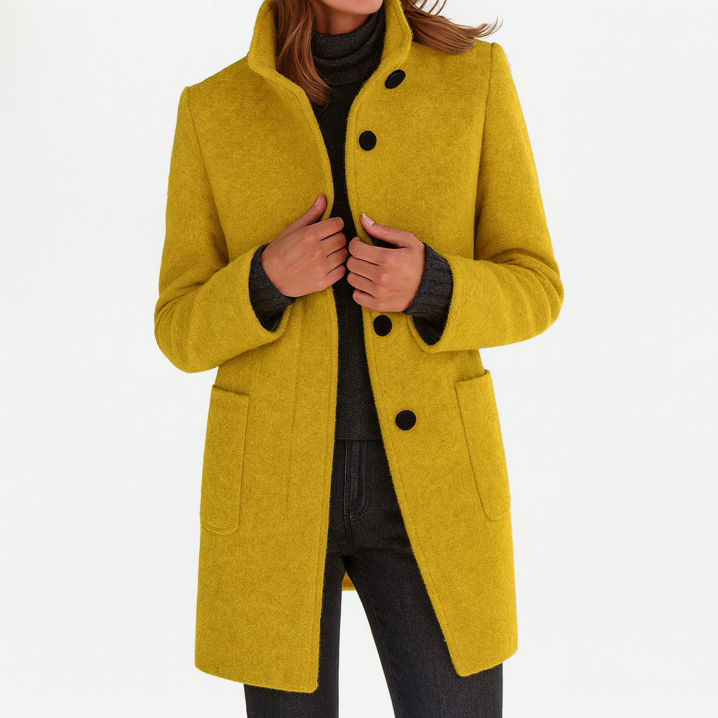 Women's Stand Collar Mid-Length Coat with Front Pockets