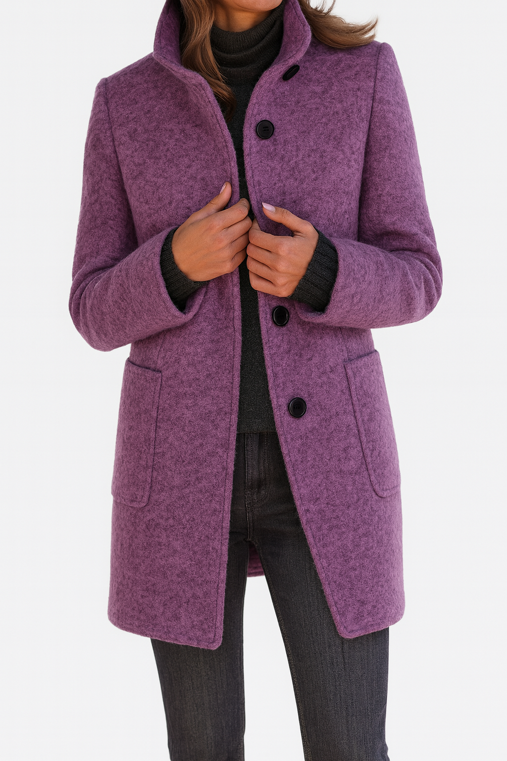 Women's Stand Collar Mid-Length Coat with Front Pockets