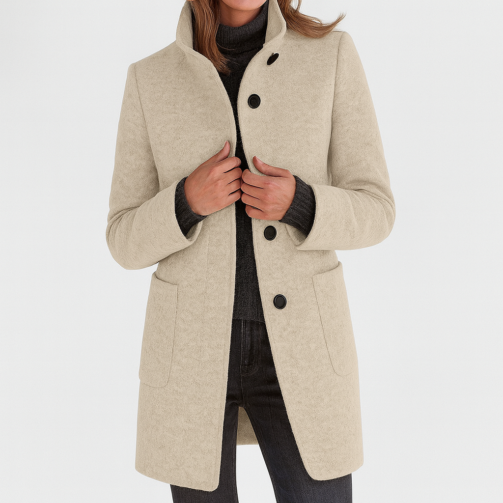 Women's Stand Collar Mid-Length Coat with Front Pockets